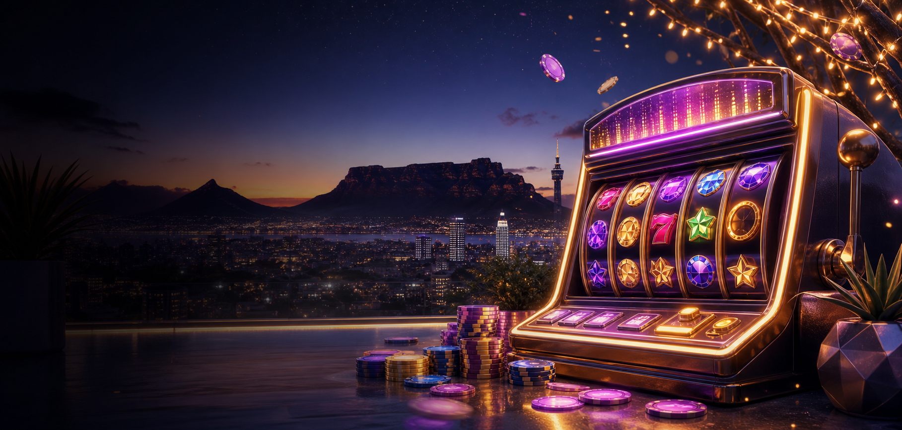 Colourful social slot demo scene with virtual reels and tokens