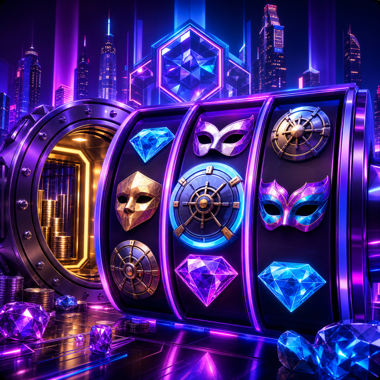Neon city heist themed social slot demo cover